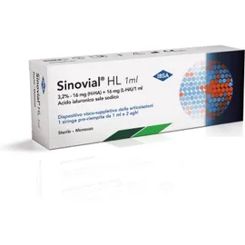 Siringa Intra-articolare Sinovial hl 3,2% Acido Ialuronico (h-ha) 16 mg / Acido Ialuronico (l-ha) 16 mg 1 Siringa Preriempita 1 ml + 2 Aghi